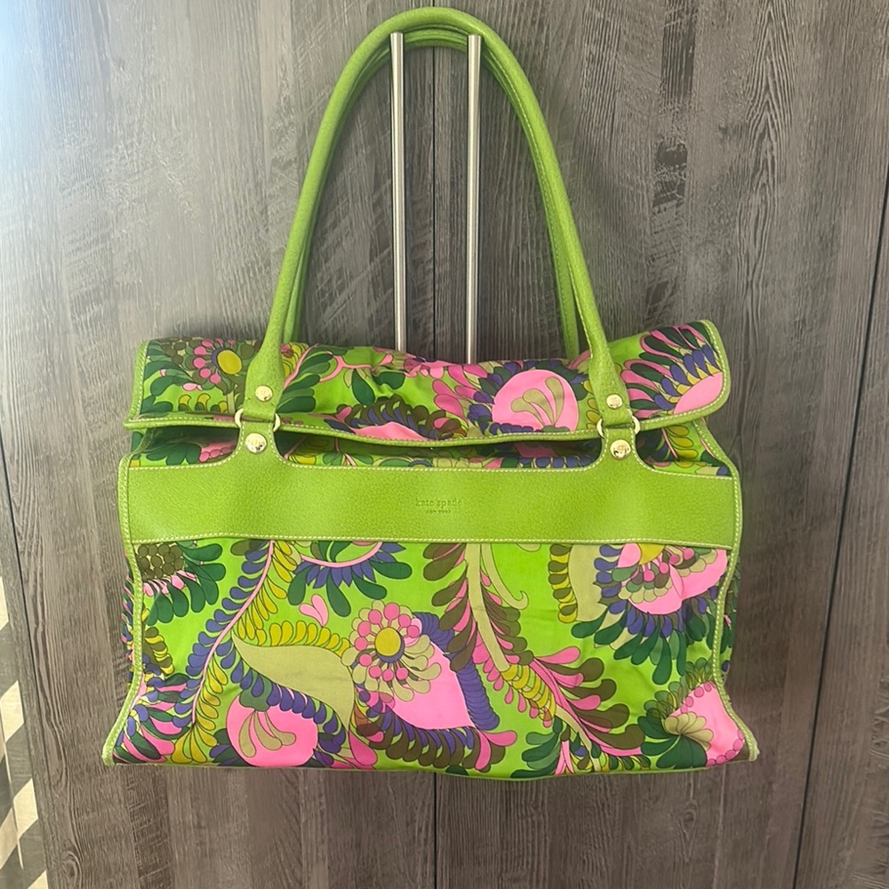 Kate Spade Green and Pink Travel Bag with Tropical Print